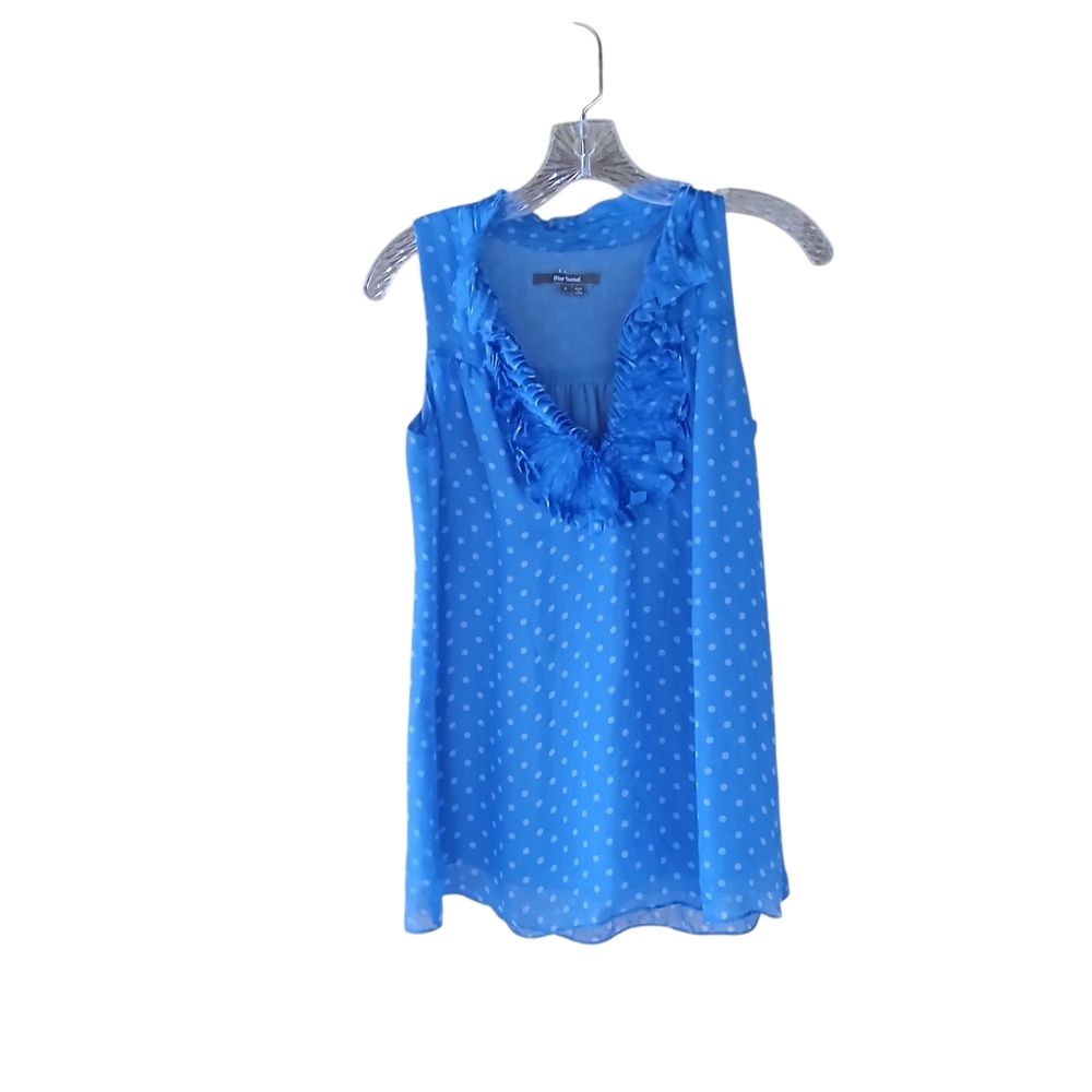 Blue Tassel Blue Polka Dot Split Neck Ruffled Silk Tank Top Small